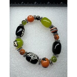 Halloween Beaded Stretch Bracelet Orange Black Green Spider Pumpkins Trick Treat